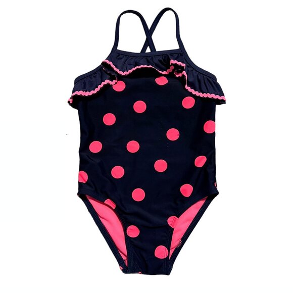 Cat & Jack Ruffled Neckline Polka Dot Print One-Piece Swimsuit - Picture 1 of 3